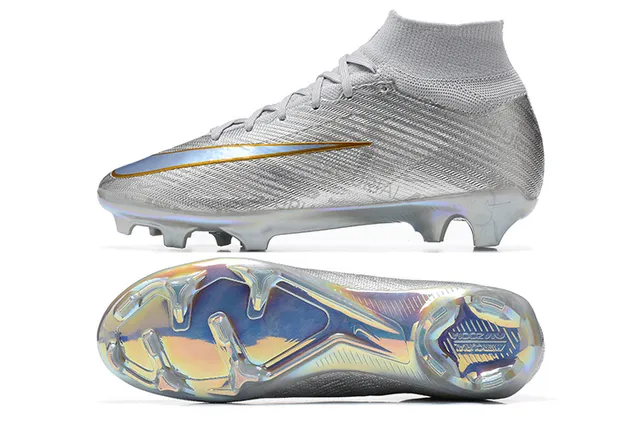 Nike Silver Gold Haut-Coupé Ajustement Chaussure Supérieure Finition Métallique Irisée Terrain Firme Chaussures de Football 9