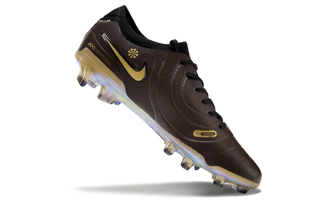 Nike Tiempo Marron Doré Cuir Matelassé Supérieur Acent Swoosh Terrain Firme Chaussures de Football 2