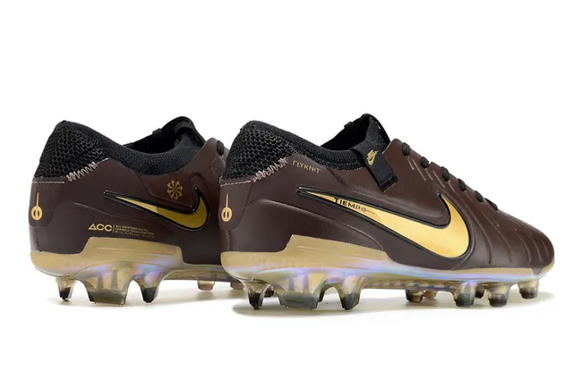 Nike Tiempo Marron Doré Cuir Matelassé Supérieur Acent Swoosh Terrain Firme Chaussures de Football 5