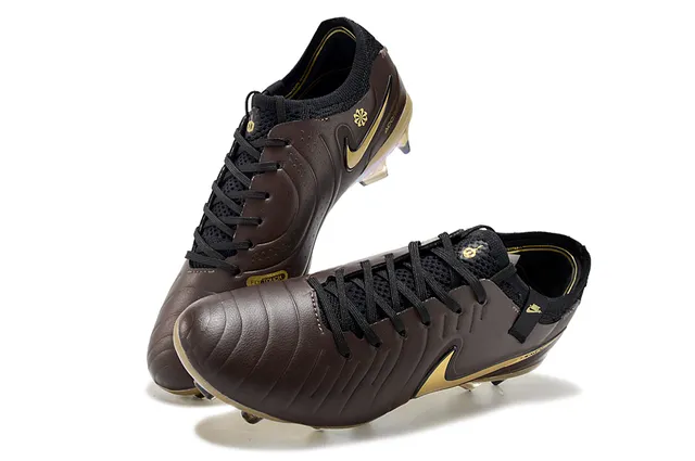 Nike Tiempo Marron Doré Cuir Matelassé Supérieur Acent Swoosh Terrain Firme Chaussures de Football 7