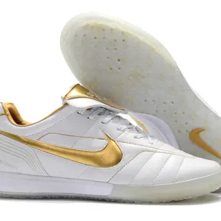 Nike Tiempo Legend White Gold Quilted Leather Upper Metallic Swoosh Indoor Soccer Shoes