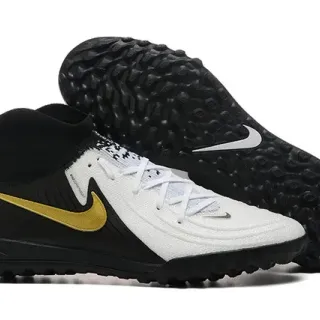 Nike White Black High-Cut Sock-Fit Collar Synthetic Textured Upper Turf Soccer Shoes