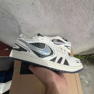 Nike White Black Layered Synthetic Overlays Iridescent Swoosh Sneakers