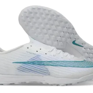 Nike Tênis de Futebol Turf Flyweave Knit Upper branco e azul Swoosh gradiente teal