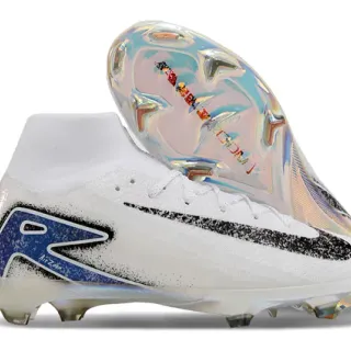 Nike White Blue High-Cut Knit Upper Iridescent Holographic Sole Plate Firm-Ground Soccer Shoes