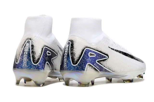 Nike Blanco Azul Alto Corte Tejido Superior Iridiscente Holográfico Placa de Suela Ground Firme Zapatos de Fútbol 5