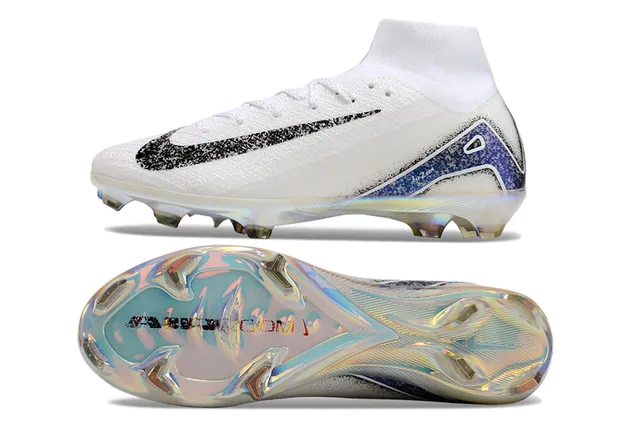Nike Blanco Azul Alto Corte Tejido Superior Iridiscente Holográfico Placa de Suela Ground Firme Zapatos de Fútbol 6