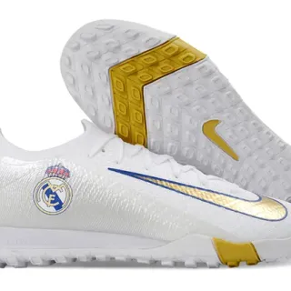 Nike White Gold Knit Upper Asymmetrical Lacing Indoor Soccer Shoes