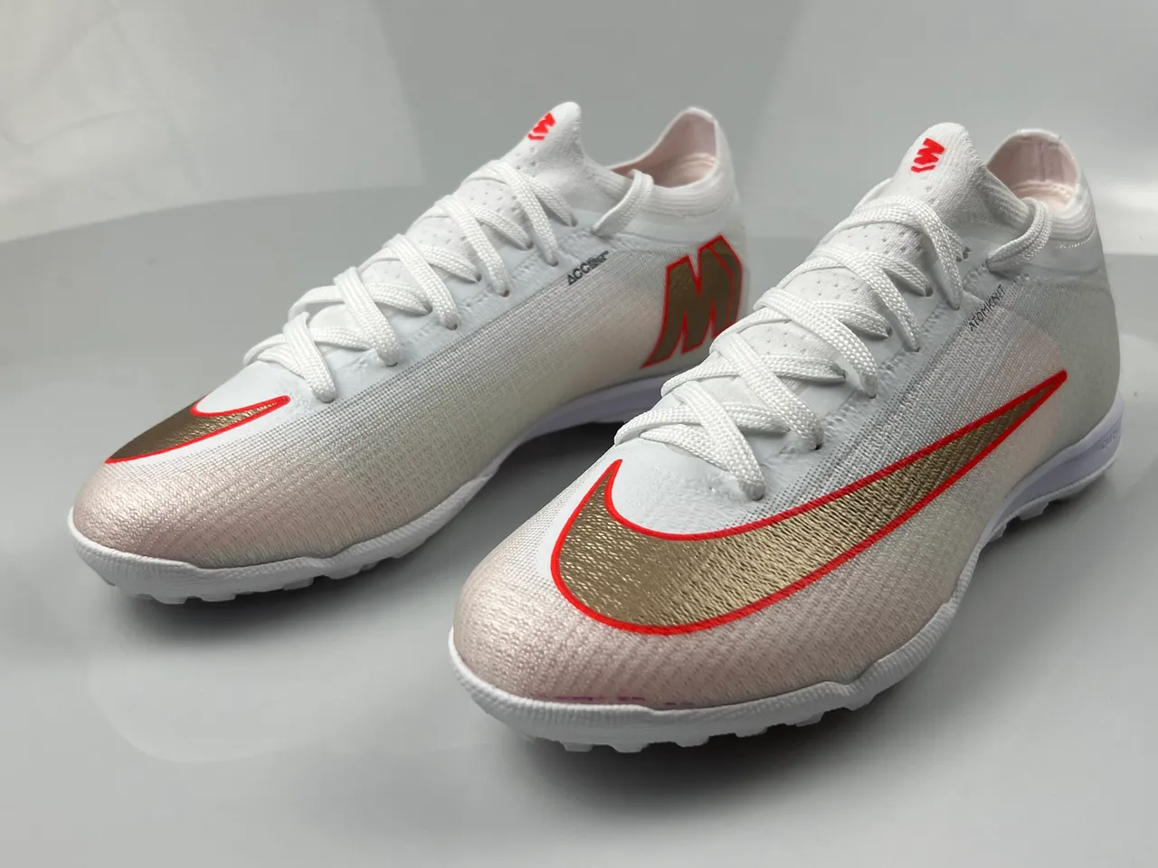 Nike White Gold Knit Upper Metallic Swoosh Turf Soccer Shoes 2