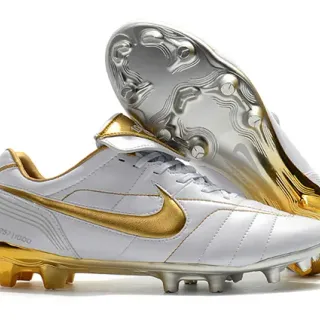 Nike White Gold Quilted Leather Upper Metallic Swoosh Firm-Ground Soccer Shoes
