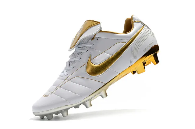 Nike White Gold Quilted Leather Upper Metallic Swoosh Firm-Ground Soccer Shoes 24