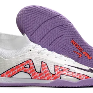 Nike White Purple High-Top Collar Flyknit Upper Indoor Soccer Shoes
