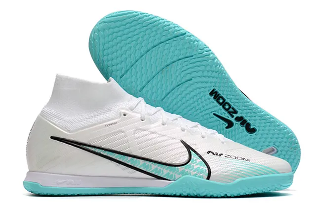 Nike zapatillas de fútbol indoor con cuello alto Flyknit en blanco y morado 7