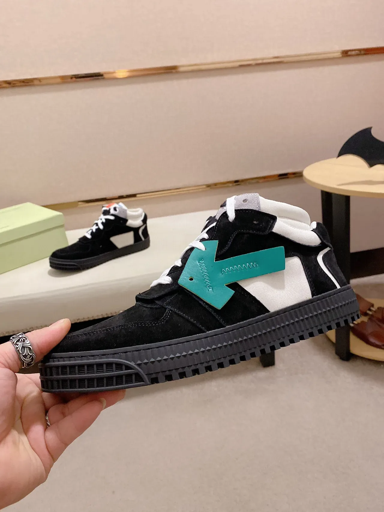 Off-White Black High-Top Suede And Leather Panelled Lifestyle Sneakers 7