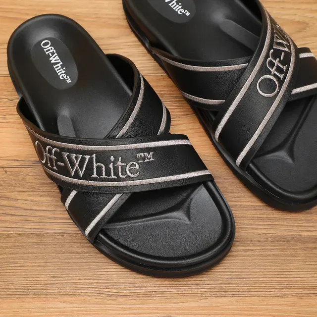 Off-White Slide Sandálias Preto Prata Design de Alça Industrial Bordado Logo 7