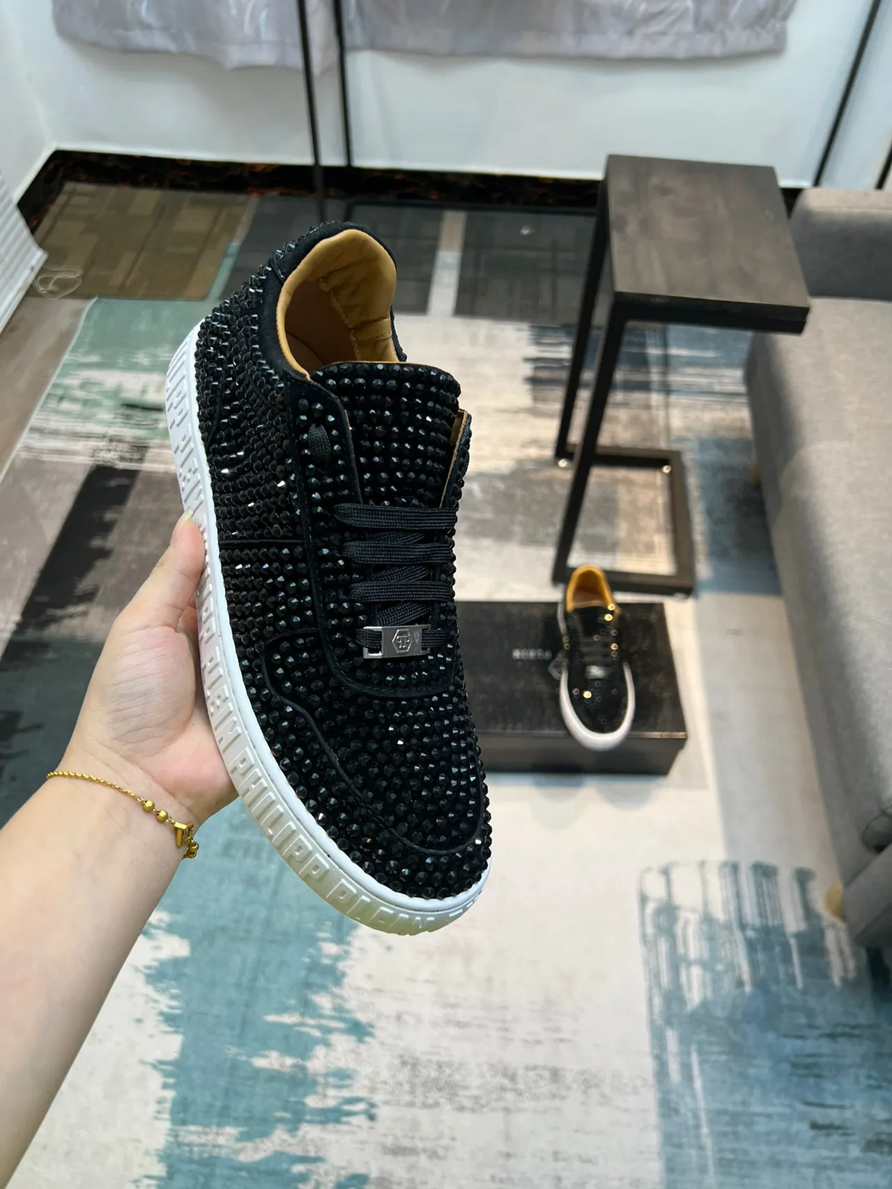Philipp Plein Black Beige Crystal-Embellished Low-Top Lifestyle Sneakers 6