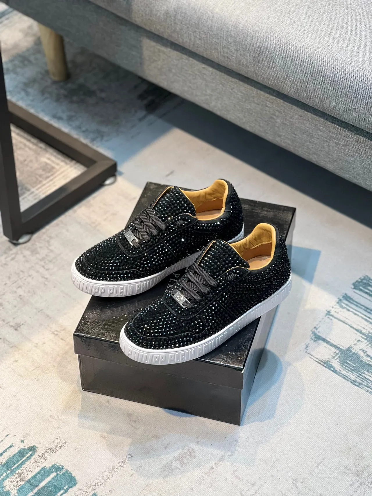 Philipp Plein Black Beige Crystal-Embellished Low-Top Lifestyle Sneakers 7
