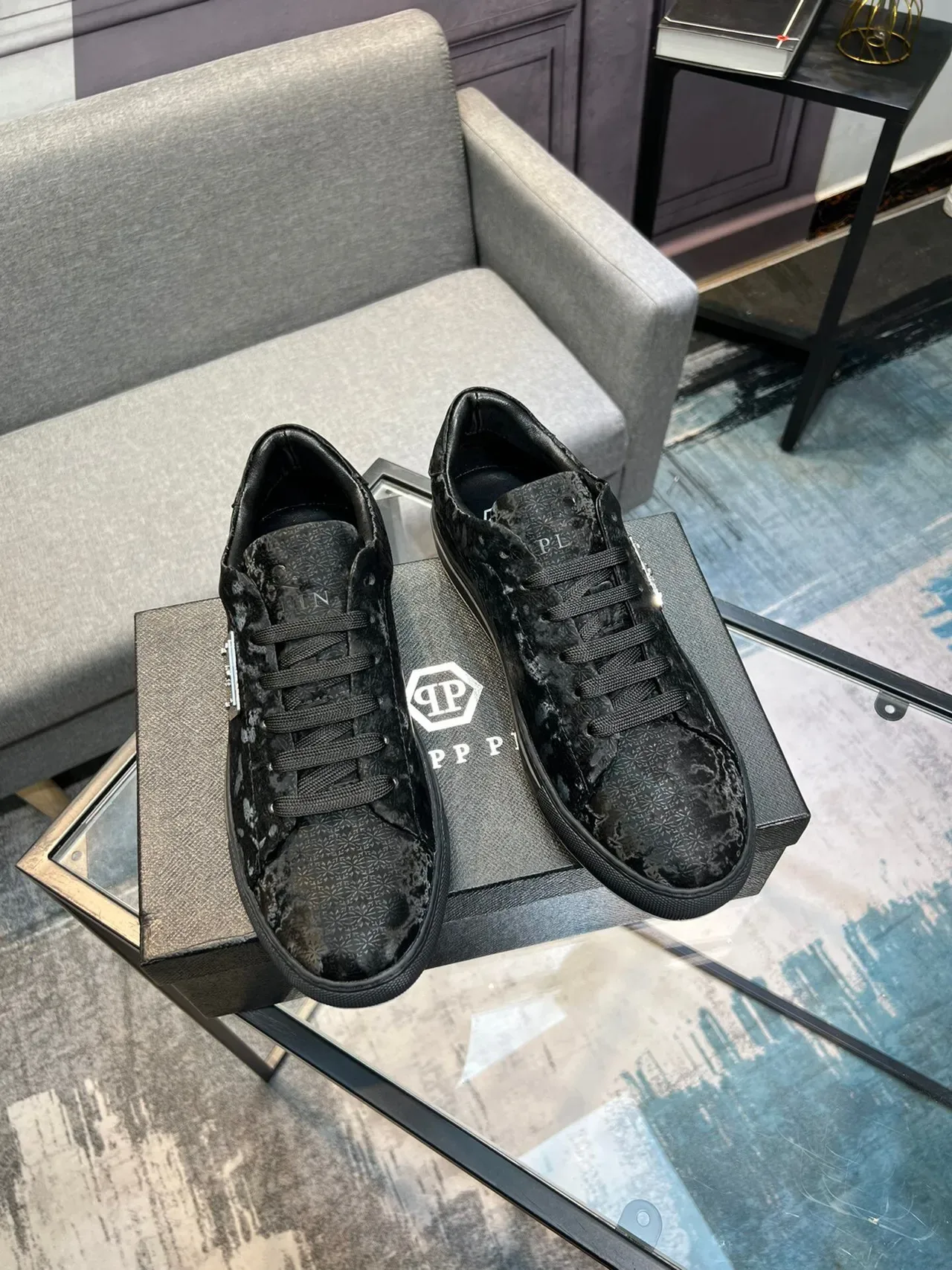 Philipp Plein Negro Gris Floral Print Cuero Superior Placa Cráneo Metal Zapatillas Lifestyle 5