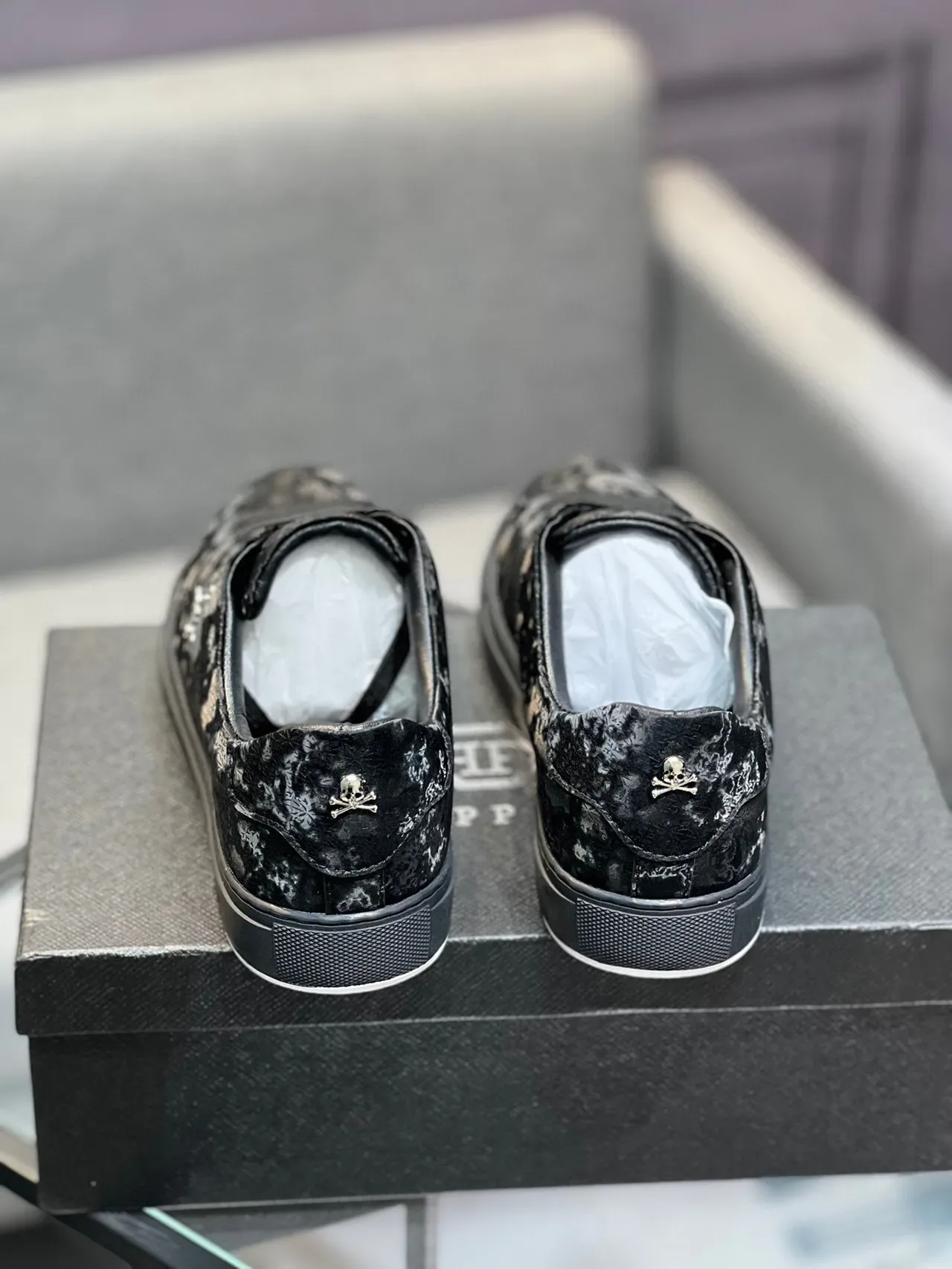 Philipp Plein Negro Gris Floral Print Cuero Superior Placa Cráneo Metal Zapatillas Lifestyle 8