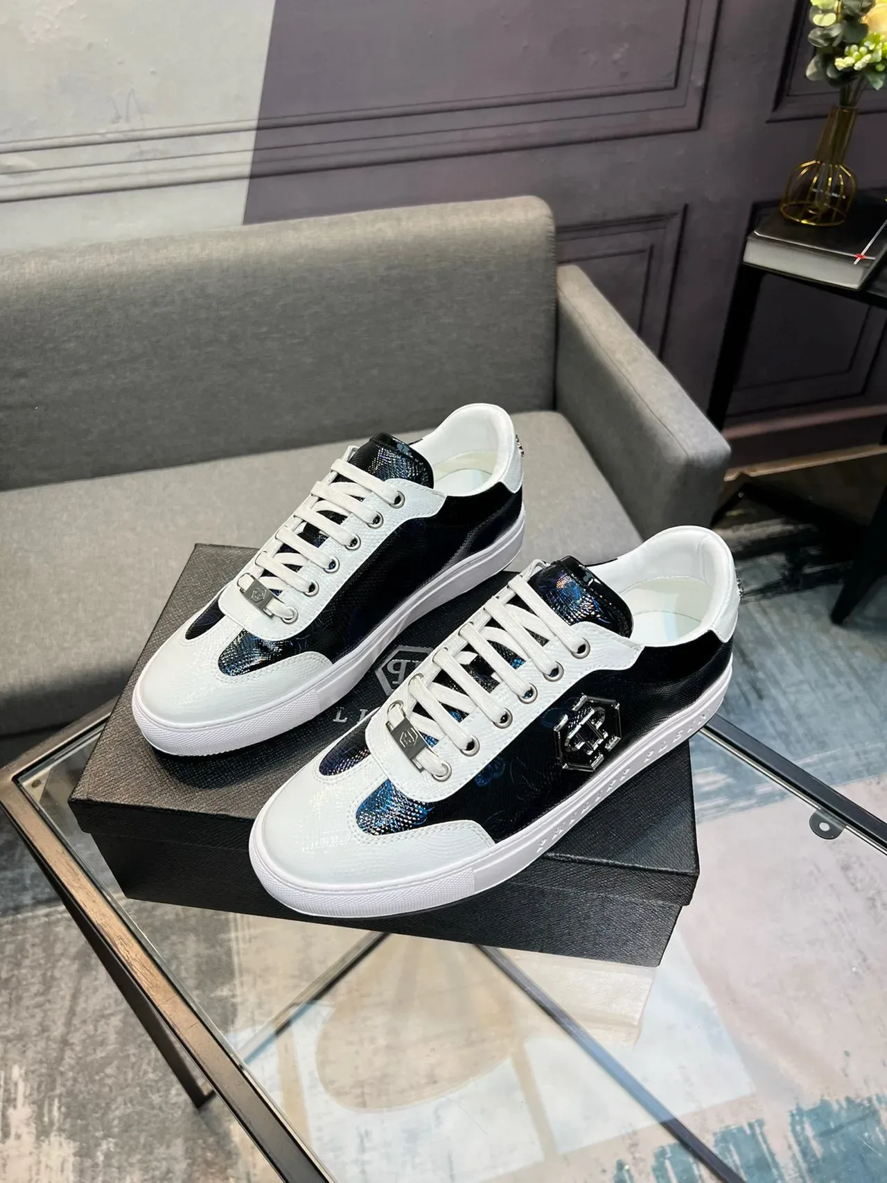 Philipp Plein কালো সাদা লো-টপ লেস-আপ স্নিকার্স 3