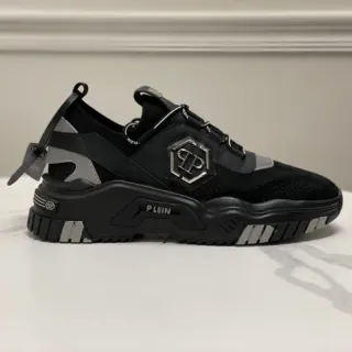 Philipp Plein Runner Black Silver Platform Sole Hexagonal PP Logo Plaque Chunky Sneakers