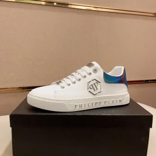 Philipp Plein White Blue Leather Upper Iridescent Heel Tab Lifestyle Sneakers