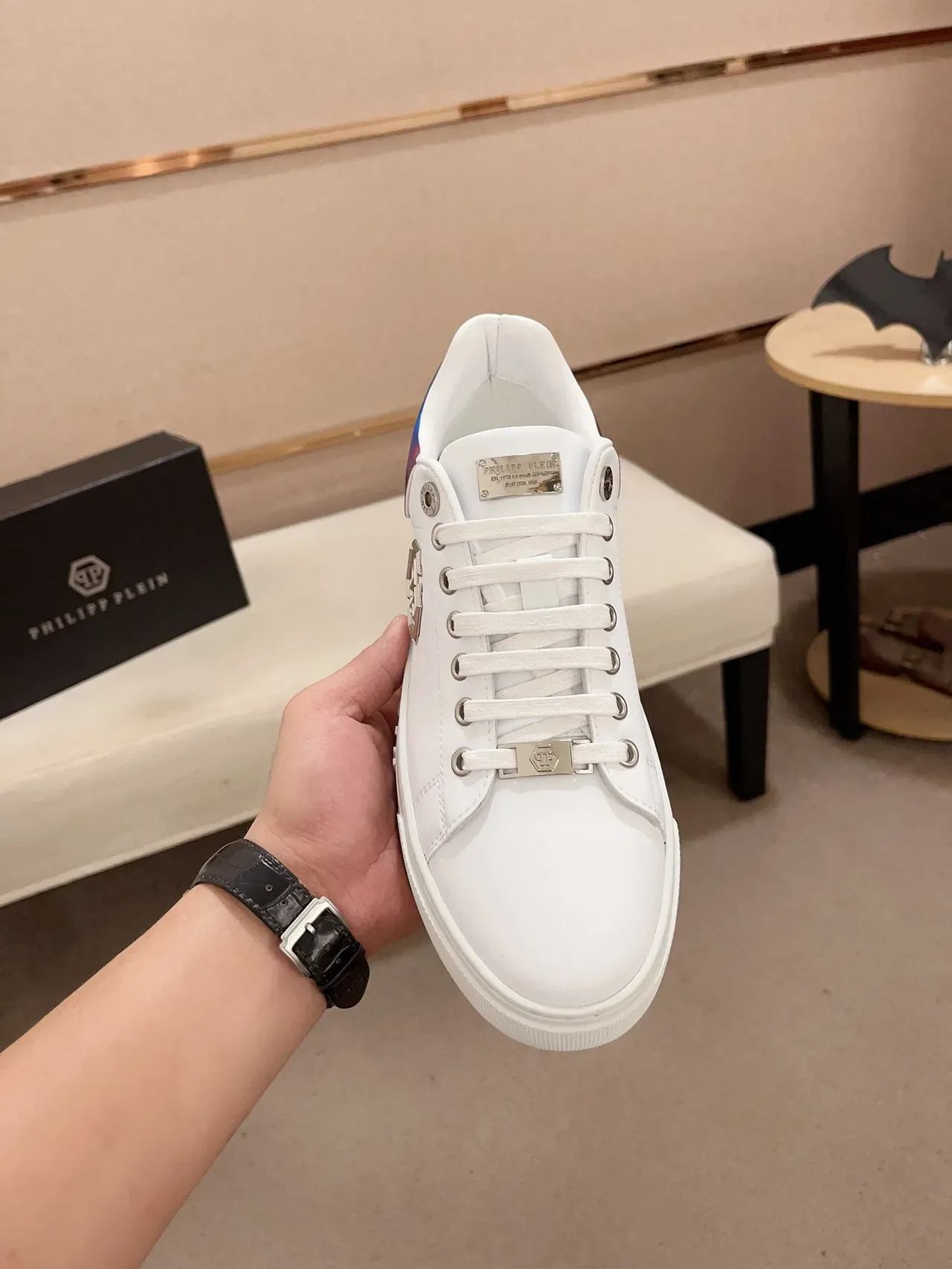 Philipp Plein White Blue Leather Upper Iridescent Heel Tab Lifestyle Sneakers 2