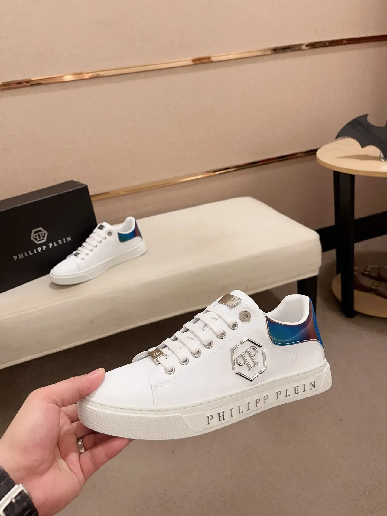 Philipp Plein White Blue Leather Upper Iridescent Heel Tab Lifestyle Sneakers 3