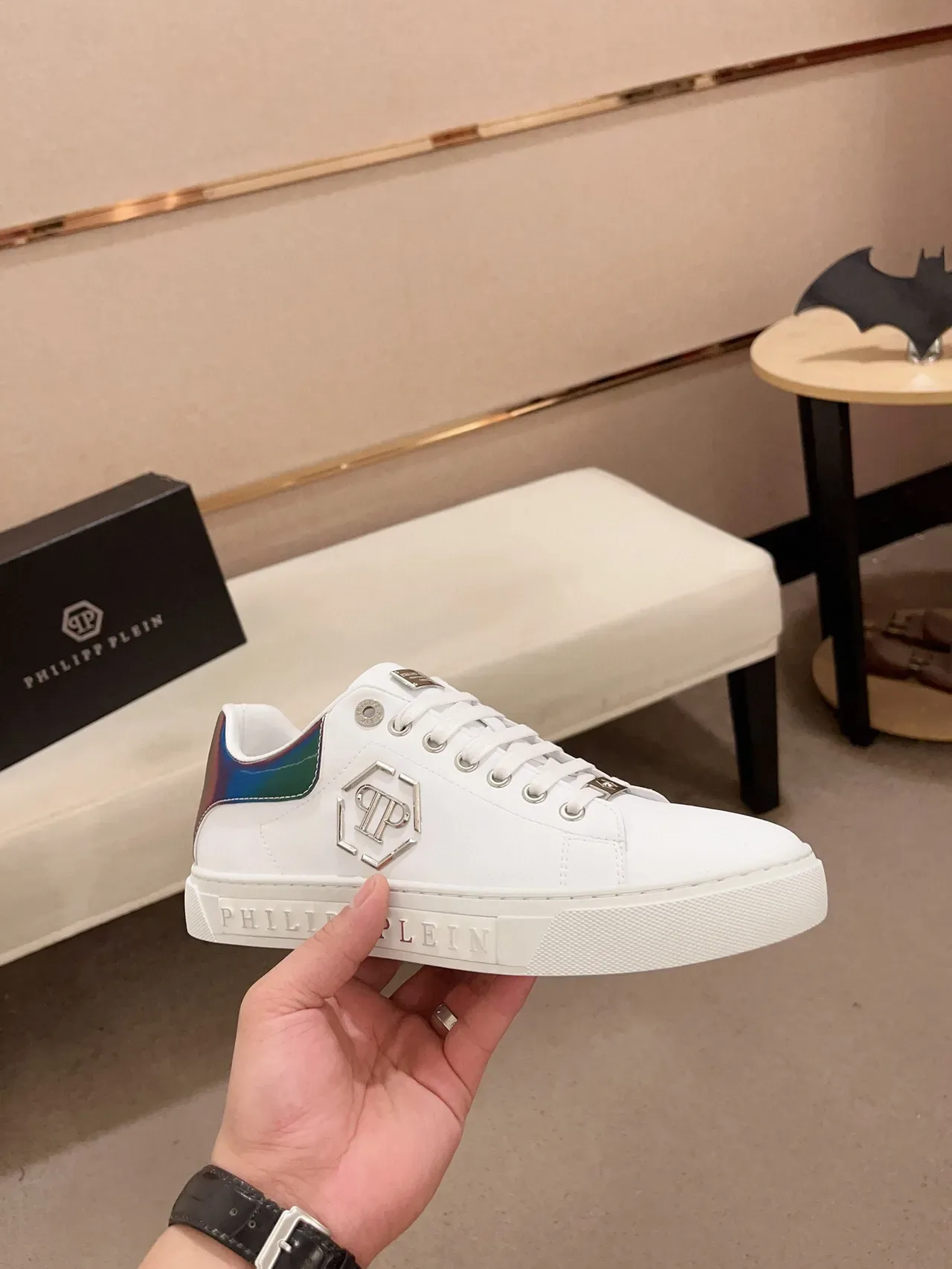 Philipp Plein White Blue Leather Upper Iridescent Heel Tab Lifestyle Sneakers 4
