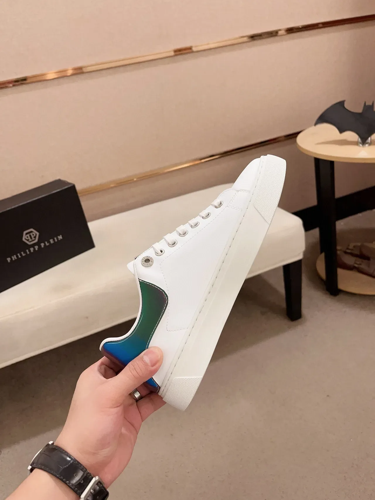 Philipp Plein White Blue Leather Upper Iridescent Heel Tab Lifestyle Sneakers 5