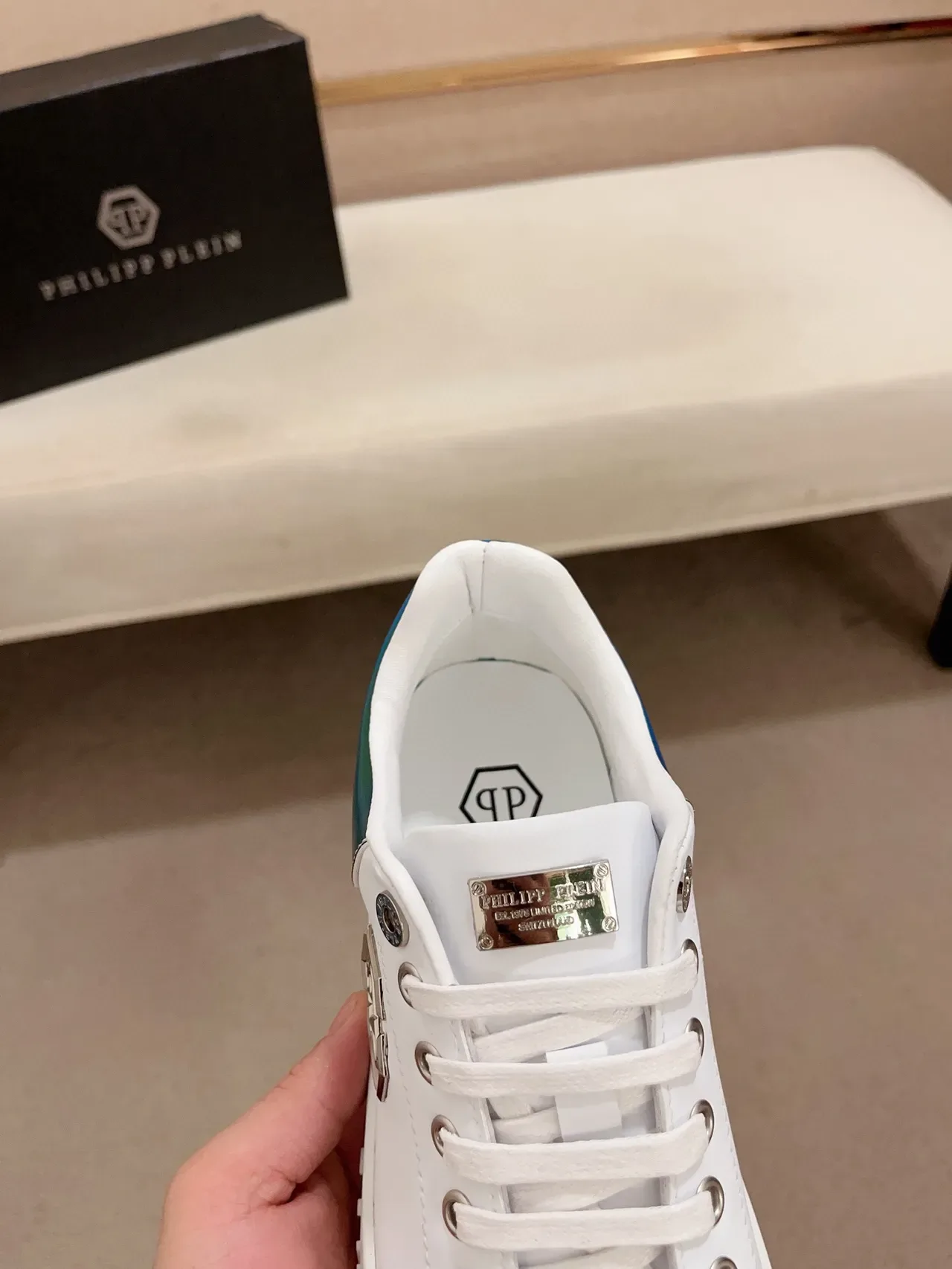 Philipp Plein White Blue Leather Upper Iridescent Heel Tab Lifestyle Sneakers 6