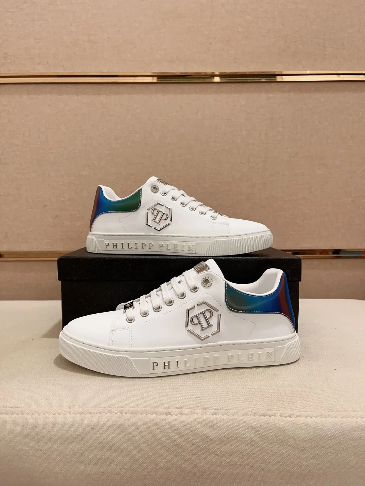 Philipp Plein White Blue Leather Upper Iridescent Heel Tab Lifestyle Sneakers 7