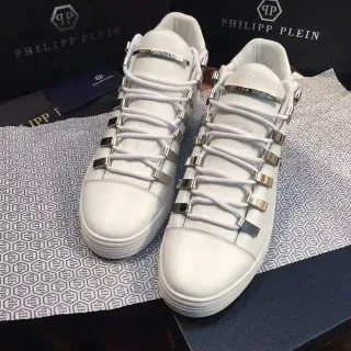 Philipp Plein सफेद चांदी चमड़े की ऊपरी सतह स्टैक्ड मेटैलिक लेस लूप लाइफस्टाइल स्नीकर