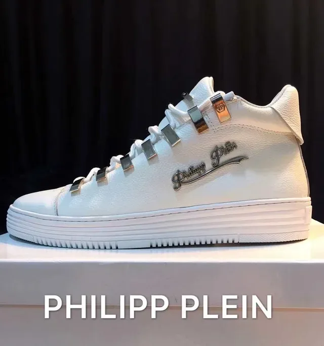 Philipp Plein Blanc Argent Cuir Supérieur Empilés Boucles De Lacets Métalliques Sneakers Lifestyle 3