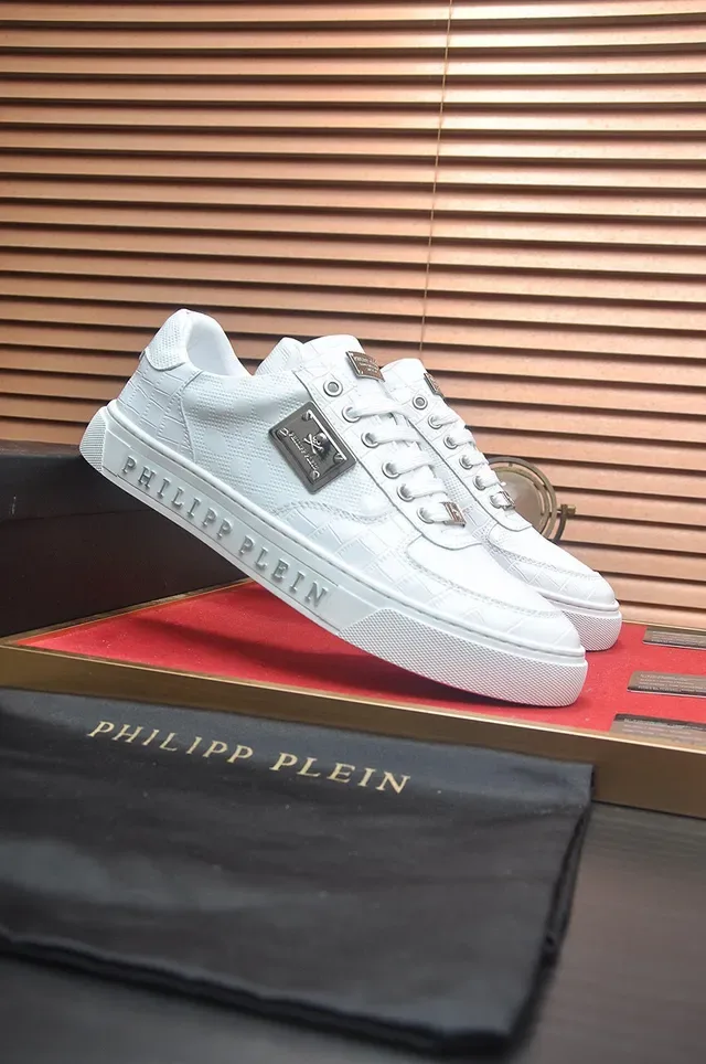 Philipp Plein Branco Prata Couro Texturizado Acessórios de Hardware Metálico Tênis Lifestyle 2