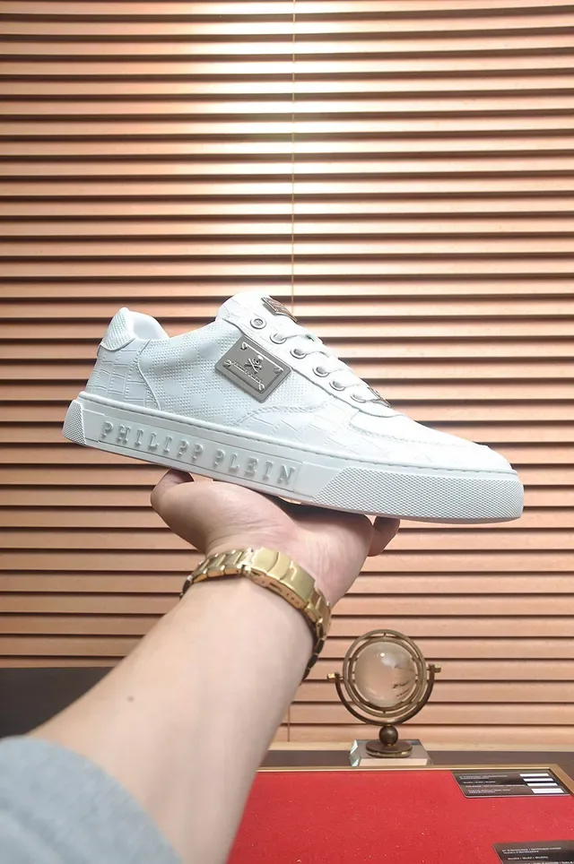 Philipp Plein Branco Prata Couro Texturizado Acessórios de Hardware Metálico Tênis Lifestyle 3