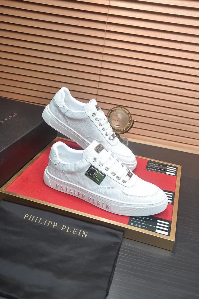 Philipp Plein Branco Prata Couro Texturizado Acessórios de Hardware Metálico Tênis Lifestyle 5