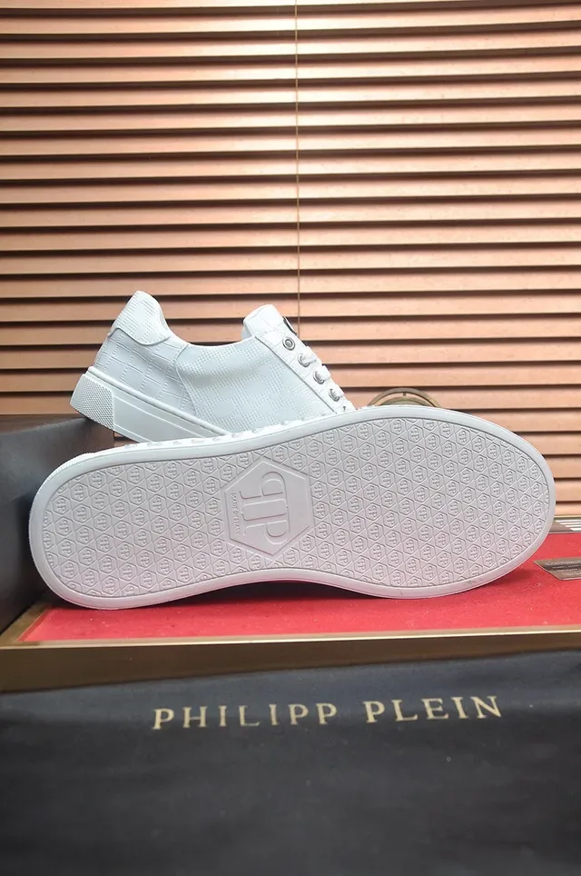 Philipp Plein Branco Prata Couro Texturizado Acessórios de Hardware Metálico Tênis Lifestyle 6