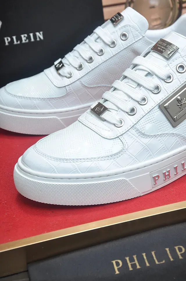 Philipp Plein Branco Prata Couro Texturizado Acessórios de Hardware Metálico Tênis Lifestyle 7