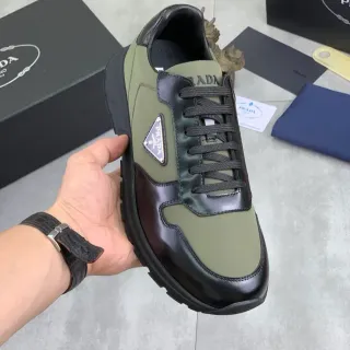 Prada Army Green Black Mixed-Material Triangular Logo Plaque Lifestyle Sneakers