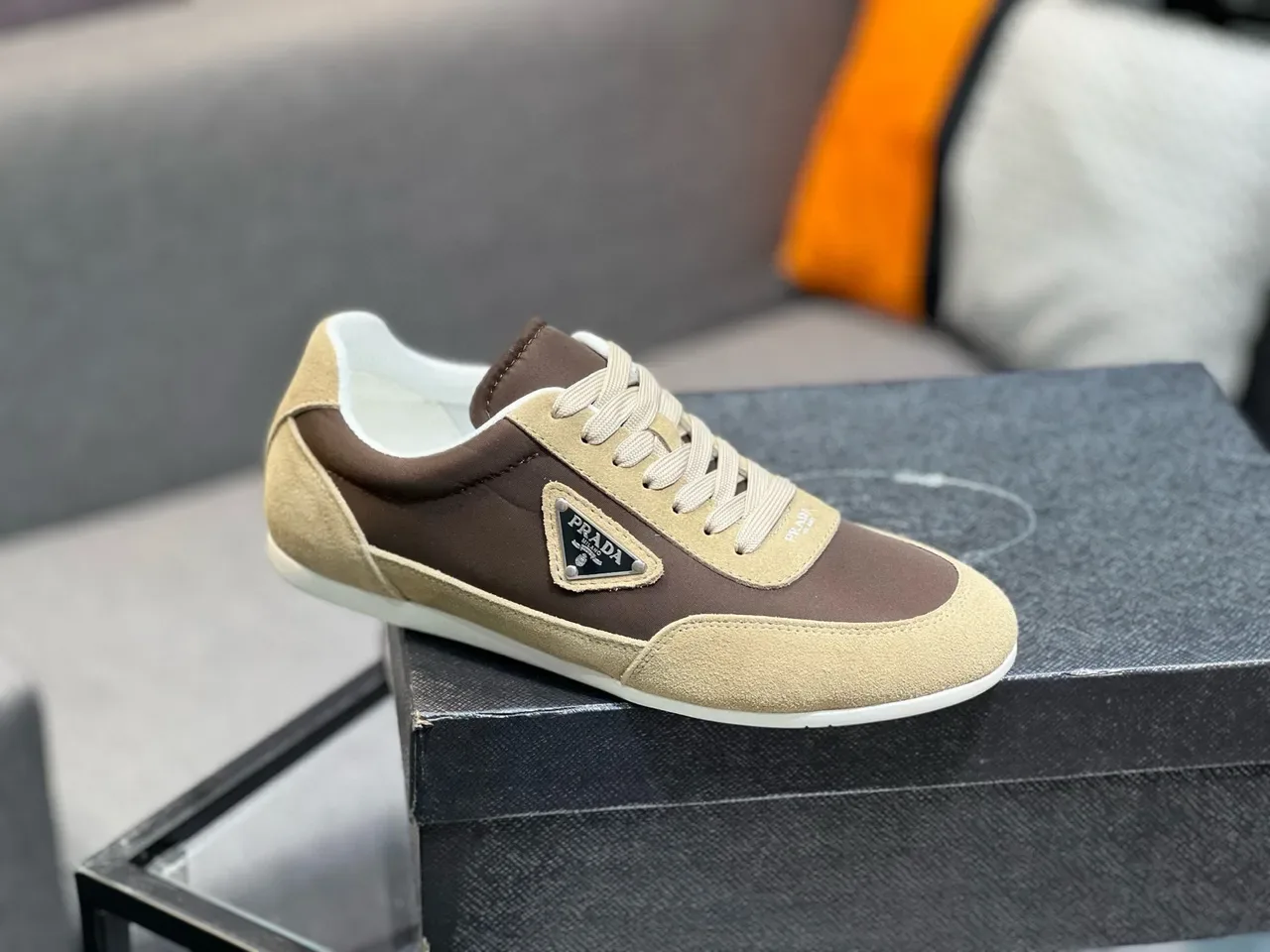 Prada Beige Brown Two-Tone Suede Triangular Metal Logo Lifestyle Sneakers 5