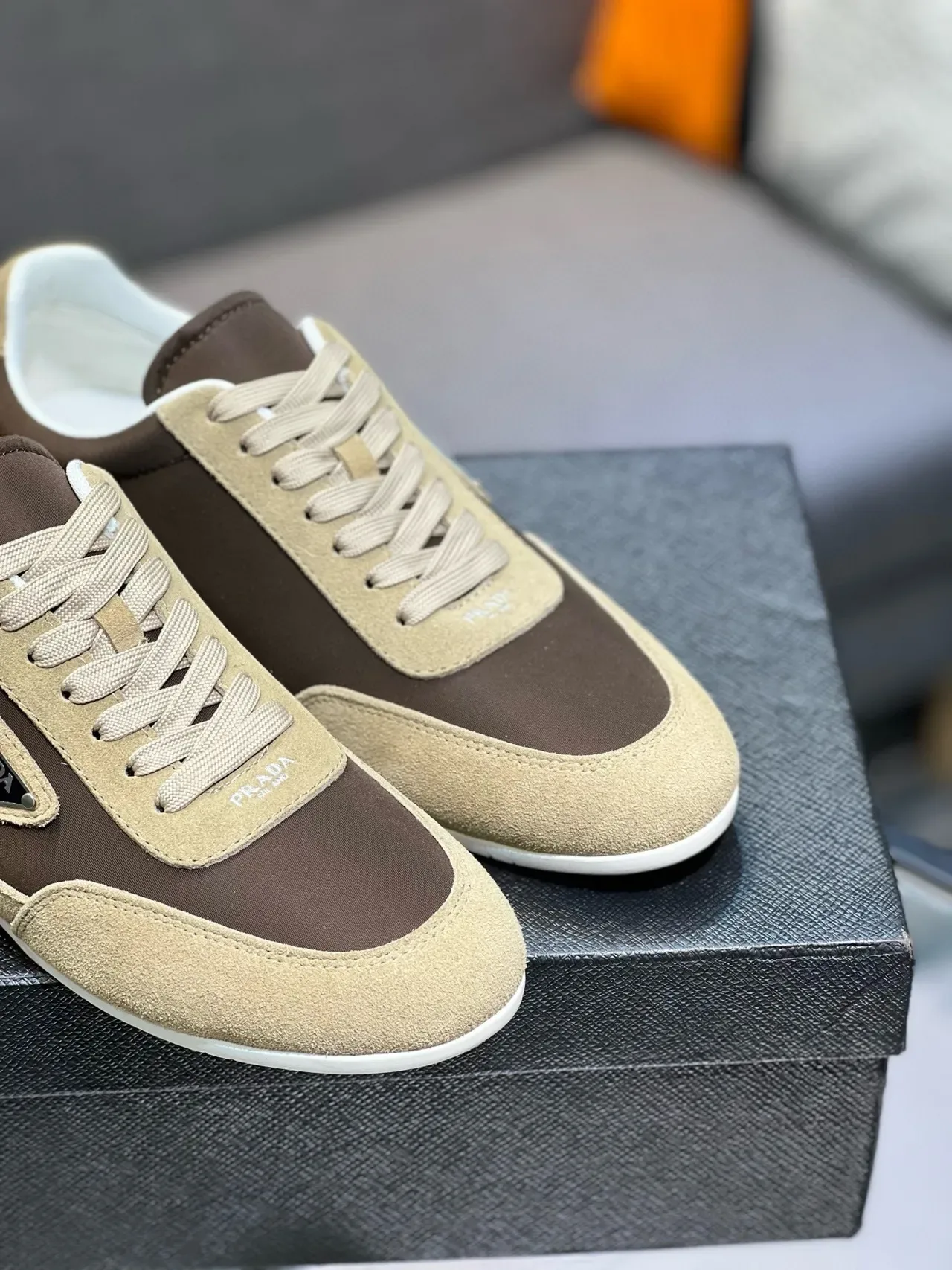 Prada Beige Brown Two-Tone Suede Triangular Metal Logo Lifestyle Sneakers 6