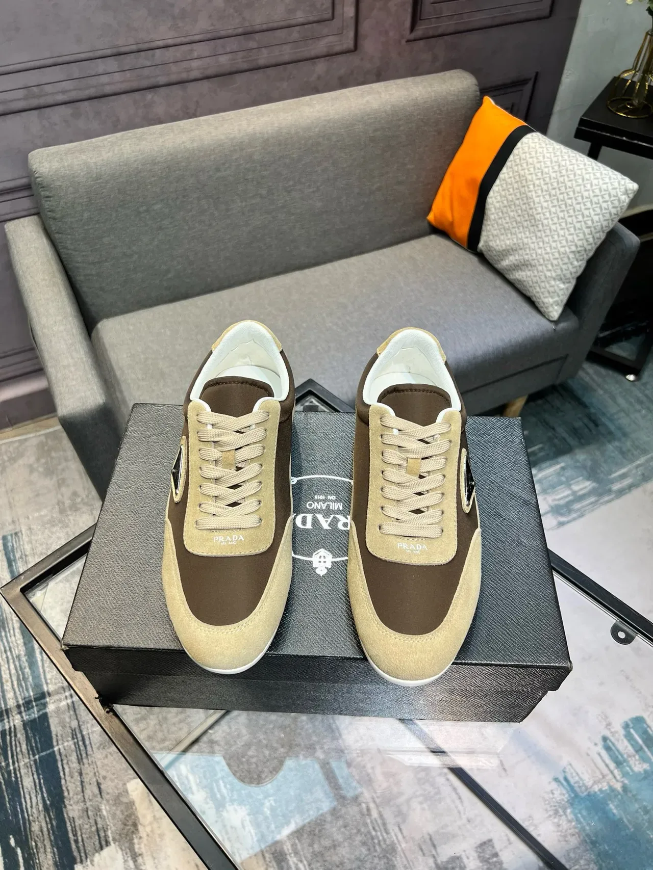 Prada Beige Brown Two-Tone Suede Triangular Metal Logo Lifestyle Sneakers 8