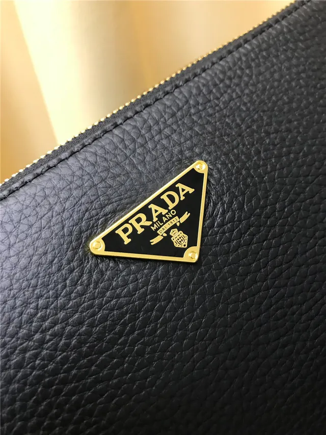 Prada Black Gold Pebbled Leather Triangular Logo Handbag 5
