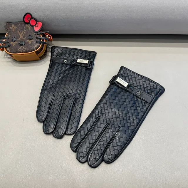 Prada Black Intrecciato Woven Adjustable Strap Closure Leather Gloves 2