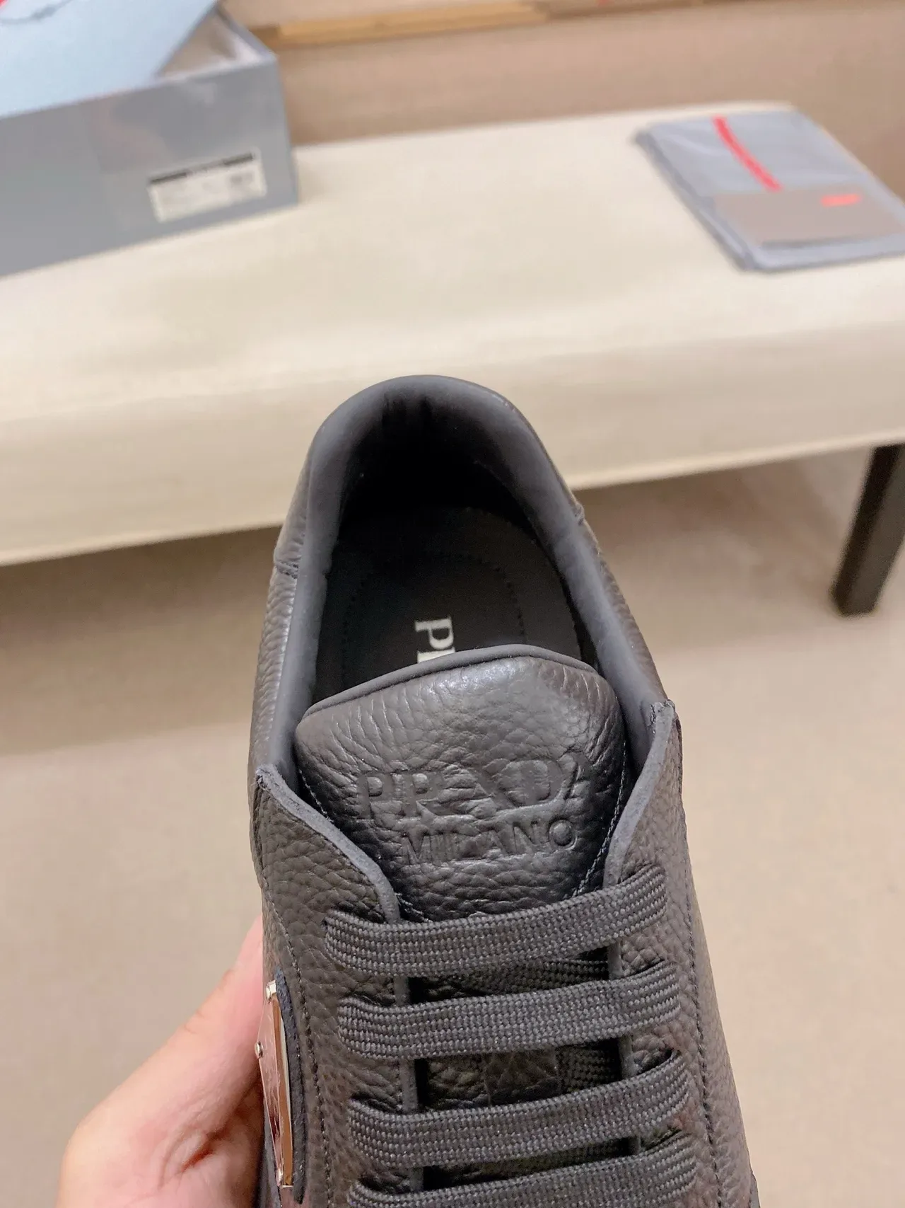 Prada Black Pebbled Leather Triangular Logo Plaque Lifestyle Sneakers 4