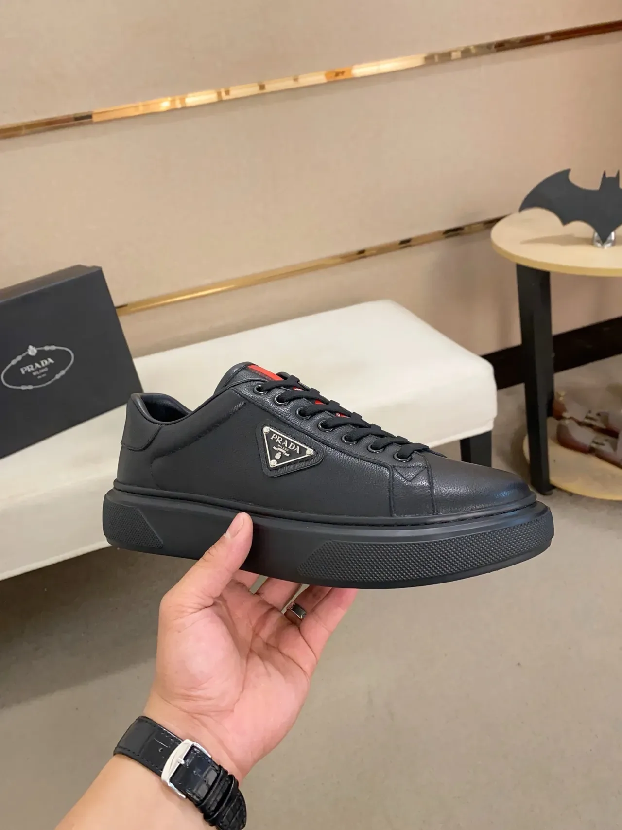 Prada Black Red Leather Upper Triangular Metal Logo Plaque Lifestyle Sneakers 4