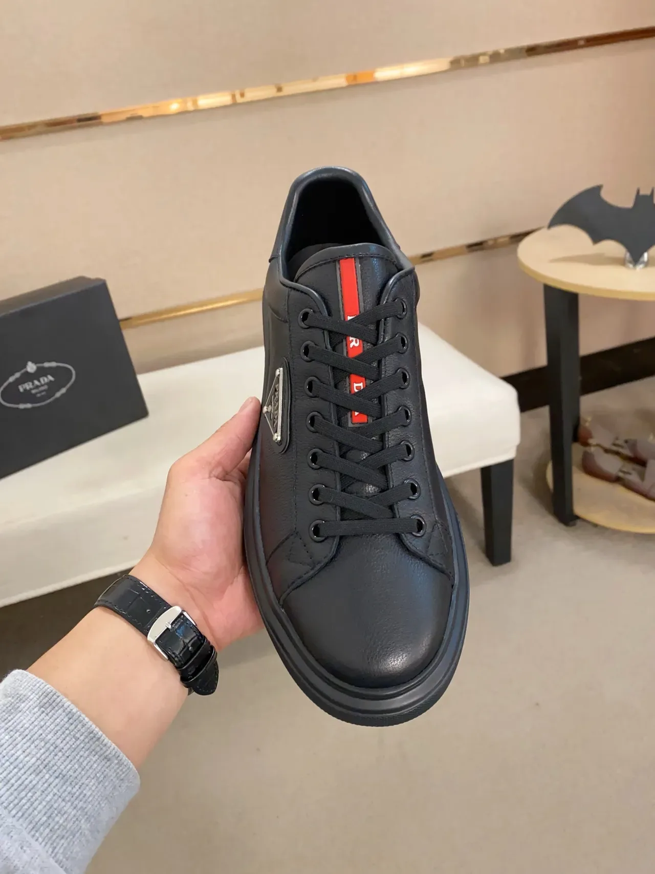 Prada Black Red Leather Upper Triangular Metal Logo Plaque Lifestyle Sneakers 5