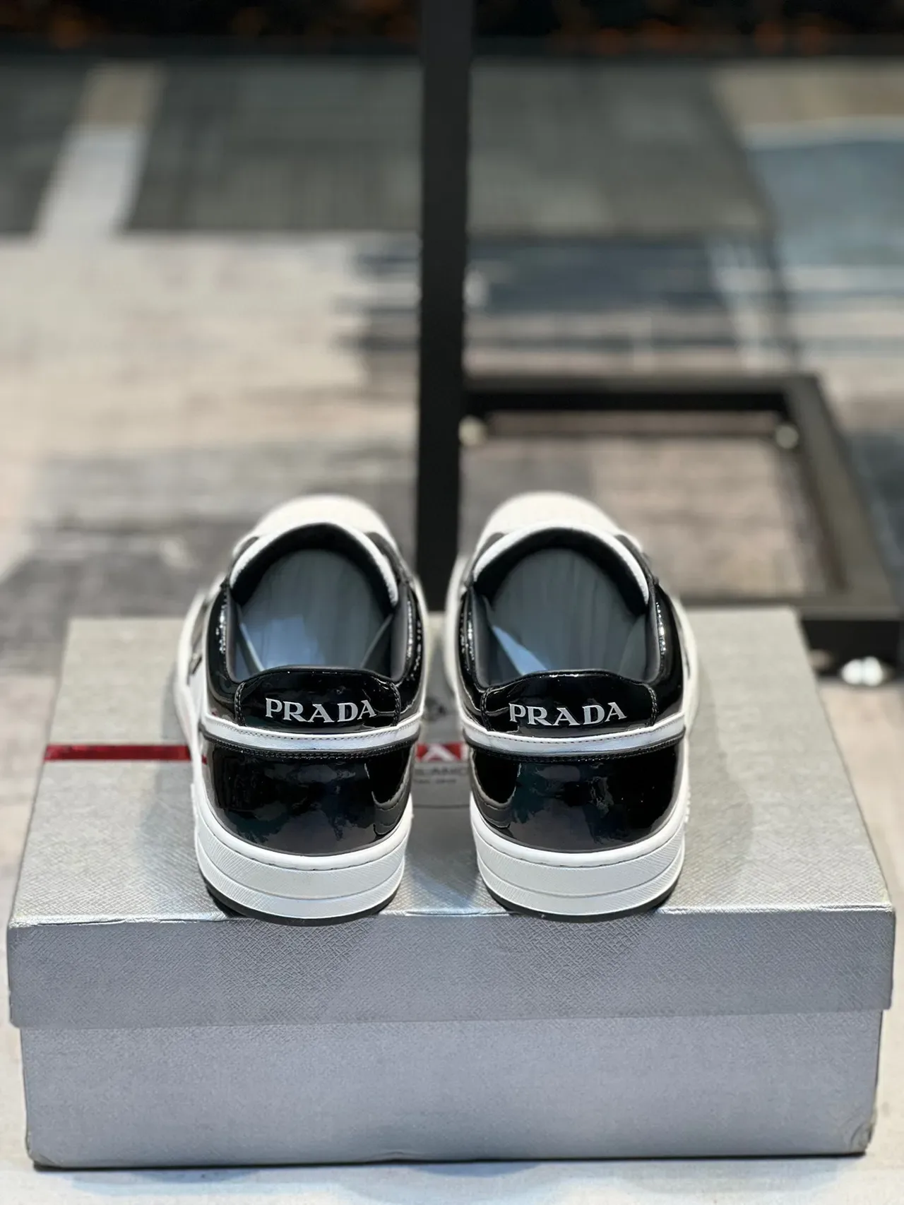 Prada Black White Glossy Patent Matte Perforated Leather Lifestyle Sneakers 3