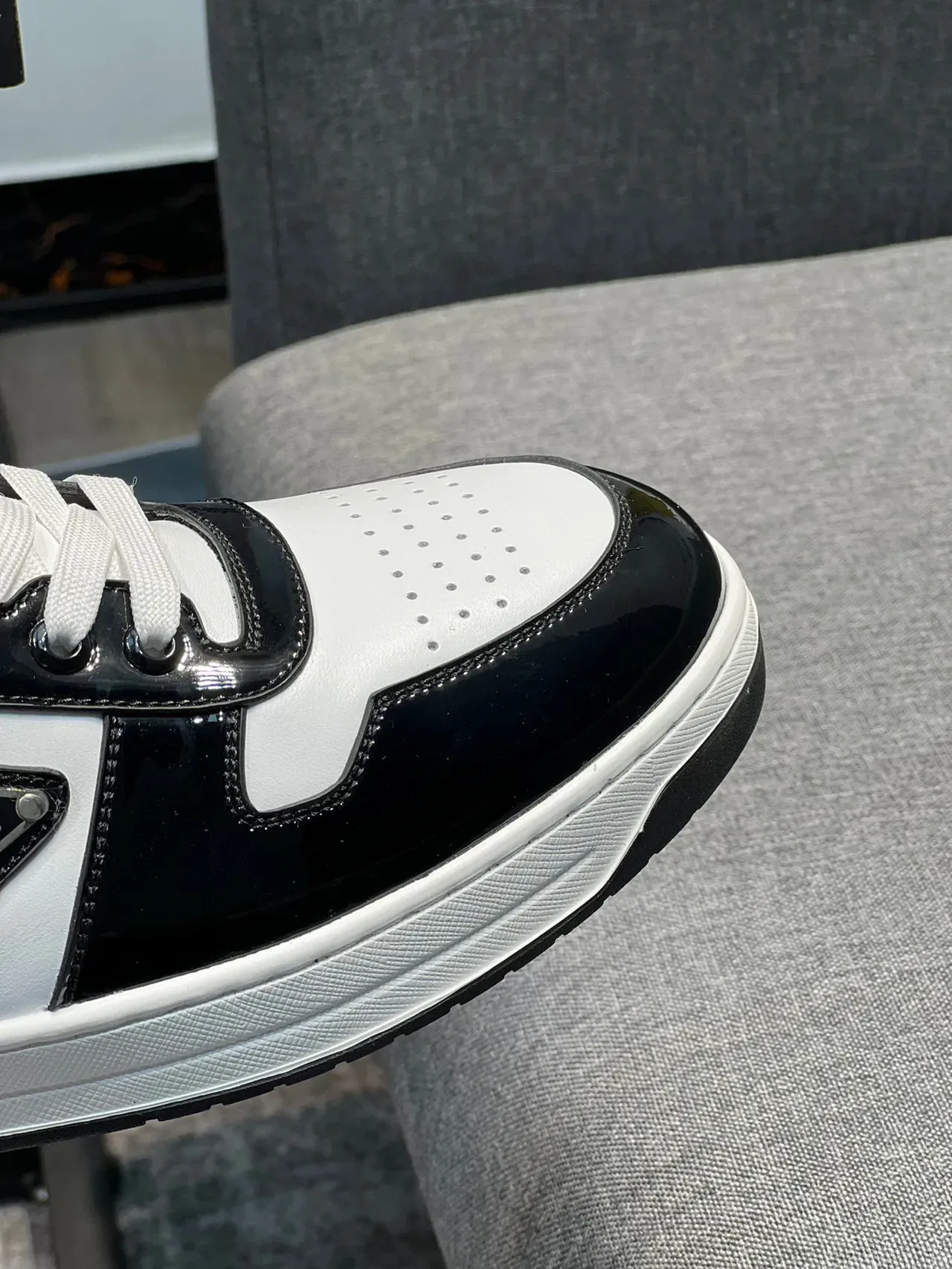 Prada Black White Glossy Patent Matte Perforated Leather Lifestyle Sneakers 4